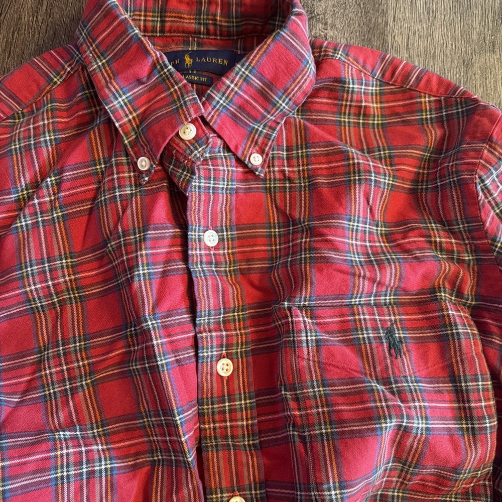 Ralph Lauren Men's Red Tartan Plaid Polo Shirt Medium Cotton Button-Up Pony EUC - Picture 2 of 4